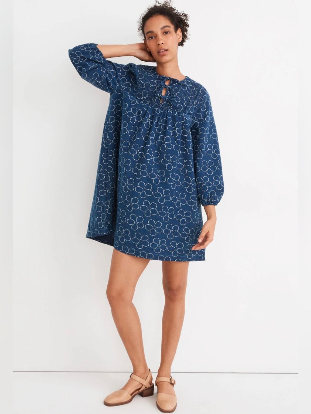Madewell Quilted Tie-Front Bib Dress in Indigo Floral